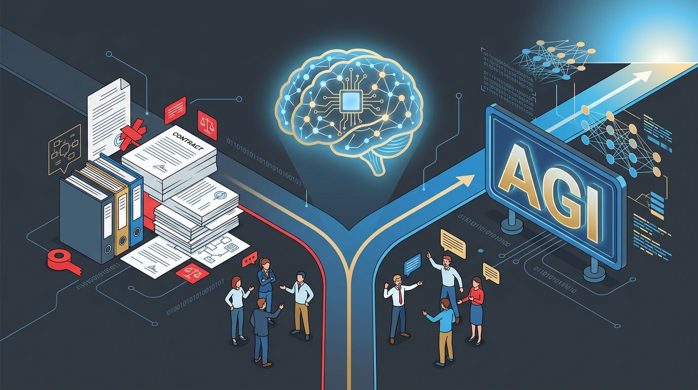 Flat isometric illustration of a glowing AI brain standing at a large fork in the road, one path leading toward a giant futuristic AGI sign and the other toward a stack of technical documents and legal papers, small figures debating which path to take, deep charcoal background, clean vector art style, bold blue, gold and red accents, modern AI editorial aesthetic Flat isometric illustration of a glowing AI brain standing at a large fork in the road, one path leading toward a giant futuristic AGI sign and the other toward a stack of technical documents and legal papers, small figures debating which path to take, deep charcoal background, clean vector art style, bold blue, gold and red accents, modern AI editorial aesthetic