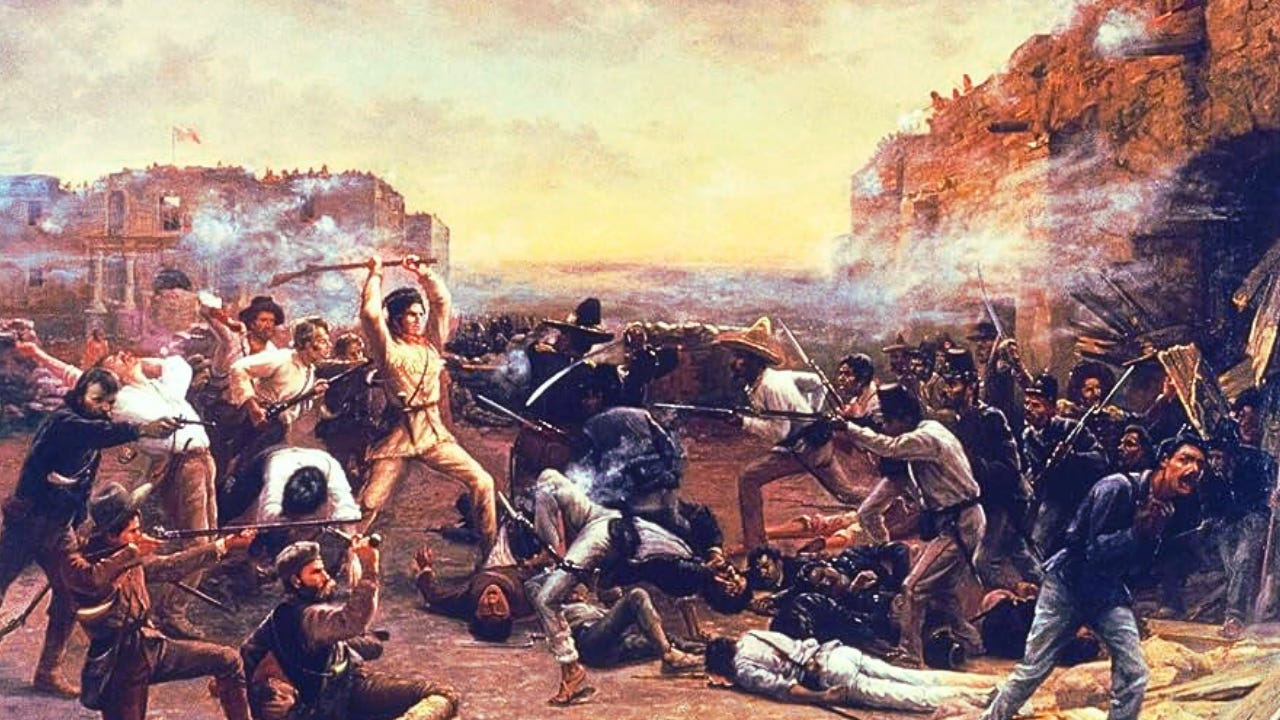 Painting of Davy Crockett fighting at the Alamo.