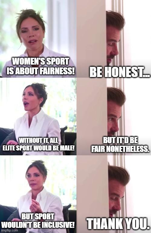 May be an image of 6 people and text that says 'WOMEN'S SPORT IS ABOUT FAIRNESS! BE HONEST... WITHOUT n, ALL ELITE SPORT WOULD BE MALE! BUT ITD BE FAIR NONETHELESS. BUT SPORT WOULDNT BE INCLUSIVE! N YOU.'