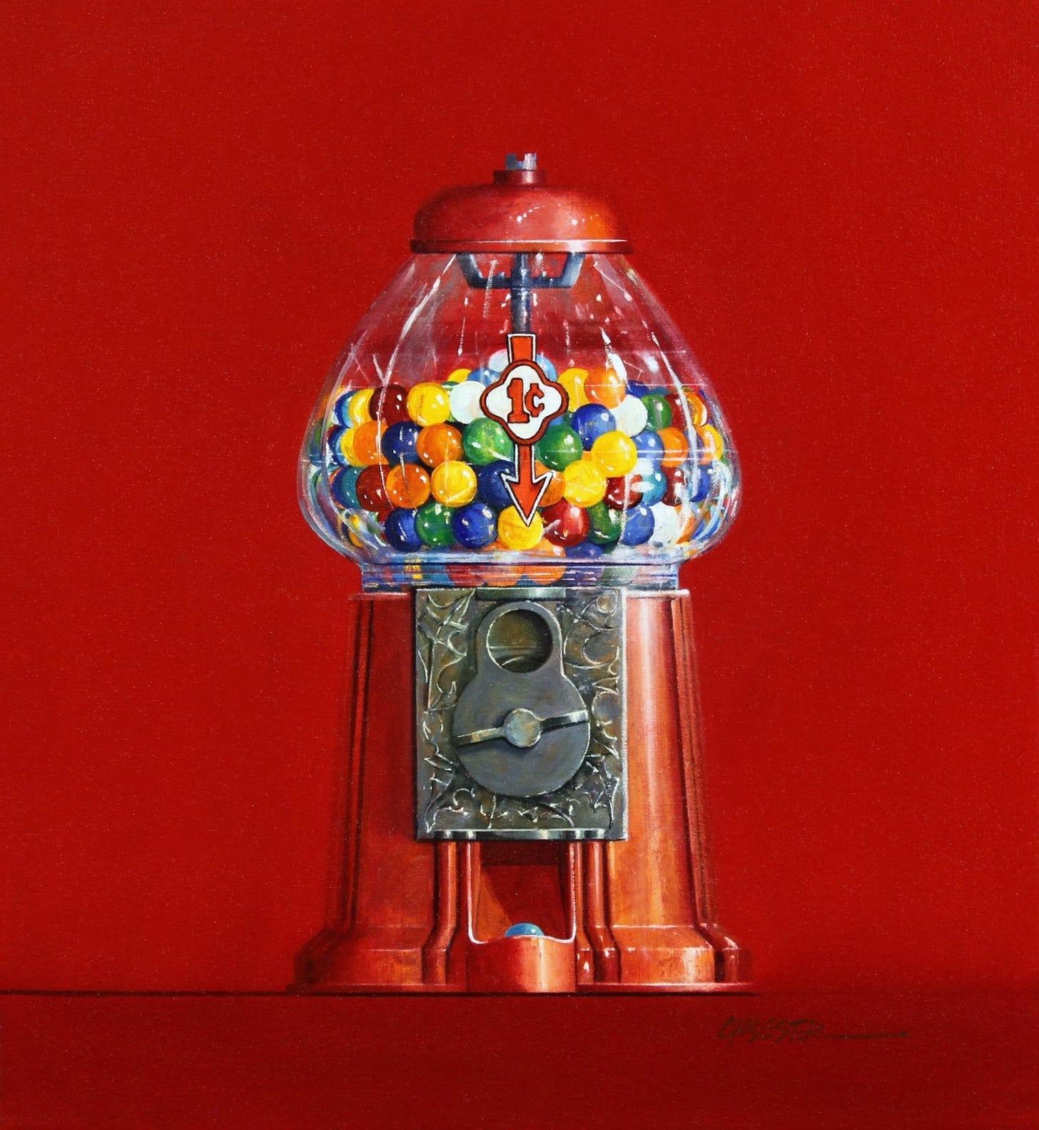 A red gumball machine with a red background

Description automatically generated