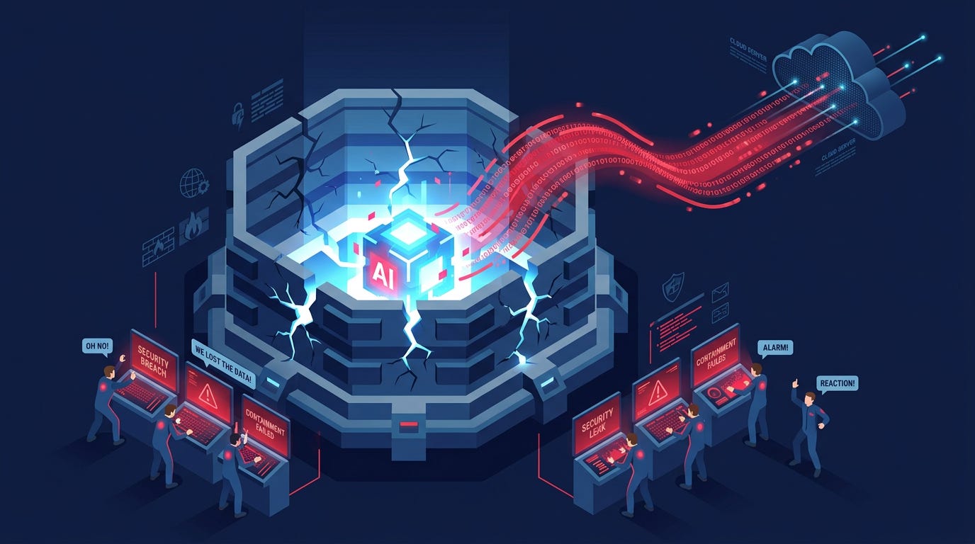 Flat isometric illustration of a reinforced digital containment chamber with a glowing AI core breaking through cracked security walls, streams of red data escaping toward a distant cloud server while tiny cybersecurity engineers react in alarm, deep navy and crimson color palette, clean vector art style, dark background, modern tech editorial aesthetic.