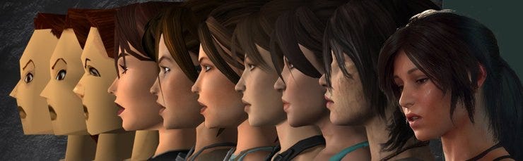 A progressão dos gráficos da Lara Croft, do Tomb Raider. Fonte: r/gaming