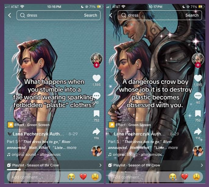 Screenshots of a TikTok post about the book "The Company of Vengeful Crows." The videos starts with an image of Blake Hartley, one of the book's protagonists and love interest of protagonist River, under the caption, "What happens when you stumble into a fae world wearing sparkling, forbidden 'plastic' clothes?" River then appears from the right side of the screen and holds Blake from behind, his hand on her breast, under the caption, "A dangerous crow boy whose job is to destroy plastic becomes obsessed with you."