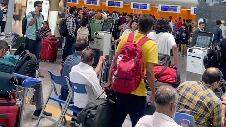 Pic: Pranay Bhargava/Reuters
People wait for their flights as Indian airlines are affected by global IT outage, in Bangalore, India July 19, 2024, in this picture obtained from social media. Pranay Bhargava/via REUTERS THIS IMAGE HAS BEEN SUPPLIED BY A THIRD PARTY. MANDATORY CREDIT. NO RESALES. NO ARCHIVES. Pic: Pranay Bhargava/Reuters
People wait for their flights as Indian airlines are affected by global IT outage, in Bangalore, India July 19, 2024, in this picture obtained from social media. Pranay Bhargava/via REUTERS THIS IMAGE HAS BEEN SUPPLIED BY A THIRD PARTY. MANDATORY CREDIT. NO RESALES. NO ARCHIVES.