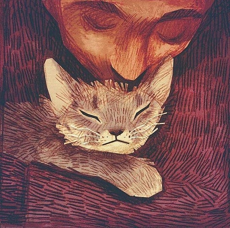 Six artworks depicting cats in different styles, including cats cuddling, sitting beside coffee and books, lounging at a table, drawing, posed with a historical figure, and dressed as a formal pair. The collage highlights four artists’ contrasting approaches to portraying cats.