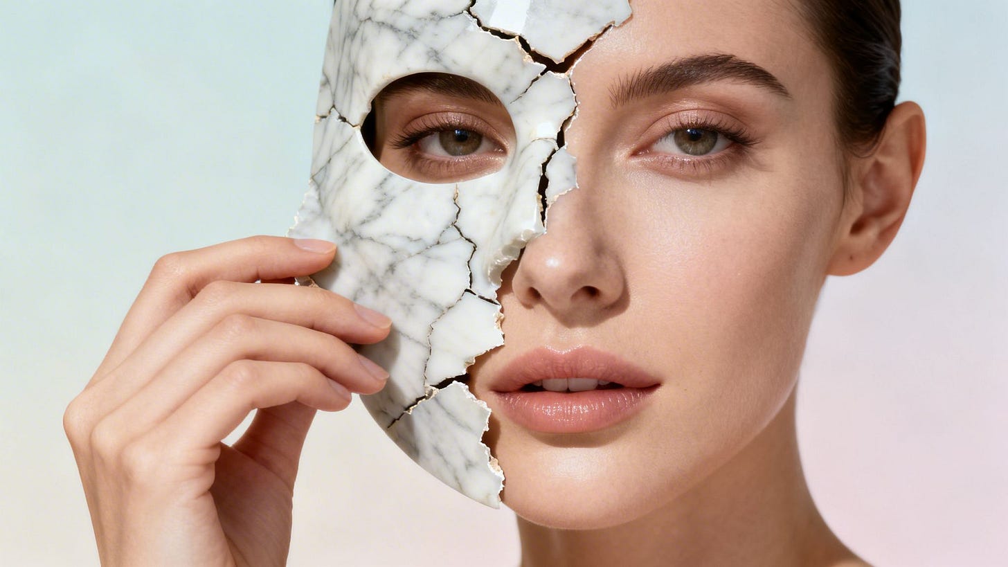 A close-up portrait of a woman holding a shattered, cracked white marble mask over half of her face. Her natural, flawless skin is visible on the right, while the left side is obscured by the broken, stone-like facade against a soft pastel background.