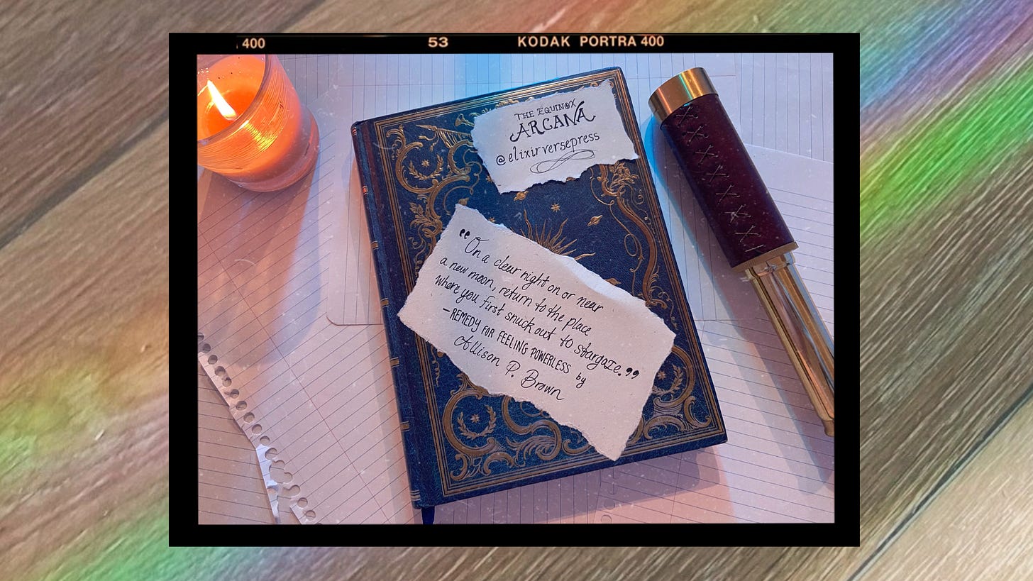A piece of scrap paper with a handwritten quote that reads "On a clear night on or near a new moon, return to the place where you first snuck out to stargaze. -Allison P. Brown"