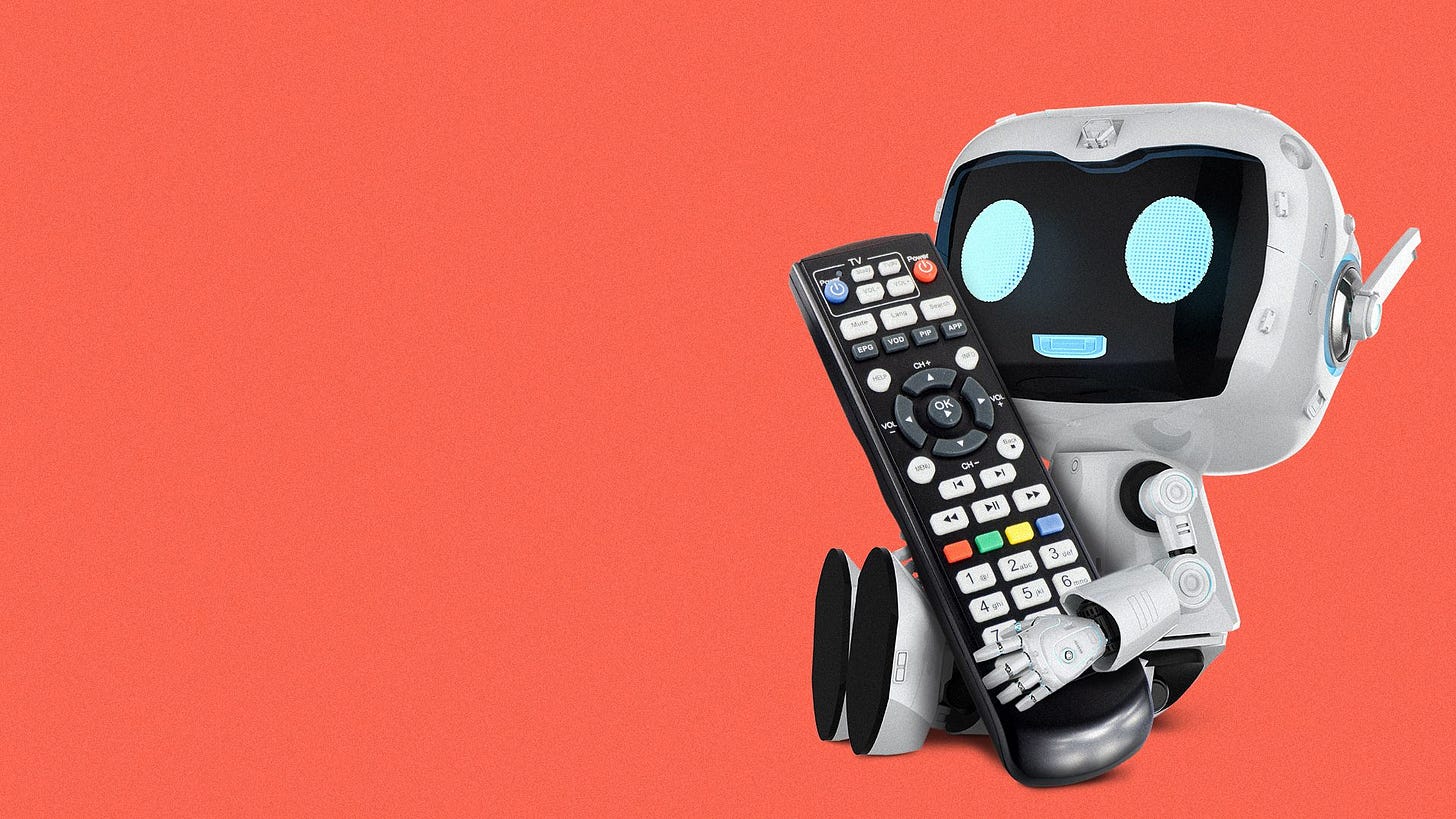 Illustration of a robot holding a large TV remote control.