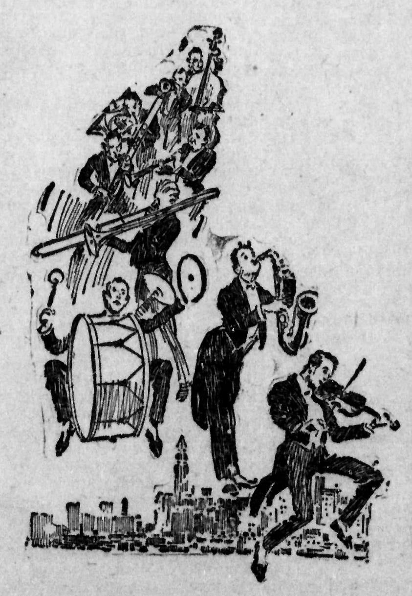 Black and white stylized illustration of a jazz ensemble. 