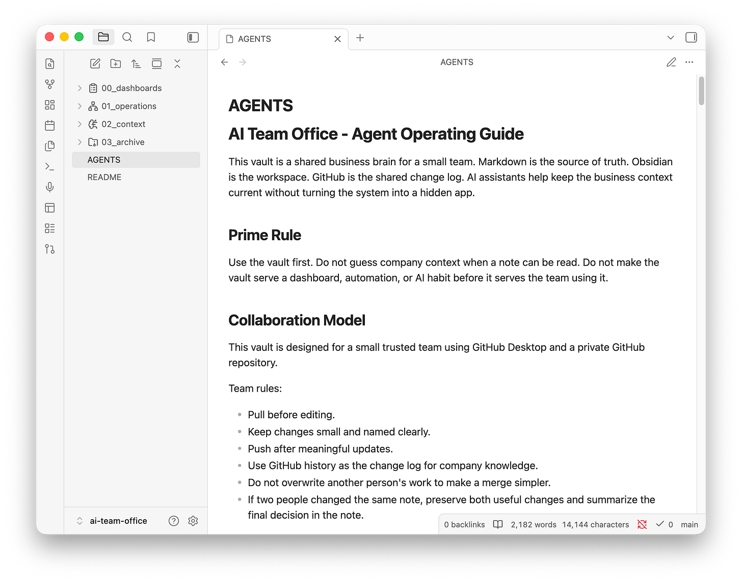 Obsidian workspace showing a Company Brain with folders for clients, people, processes, decisions, identity, and preferences alongside an AI agent operating guide.
