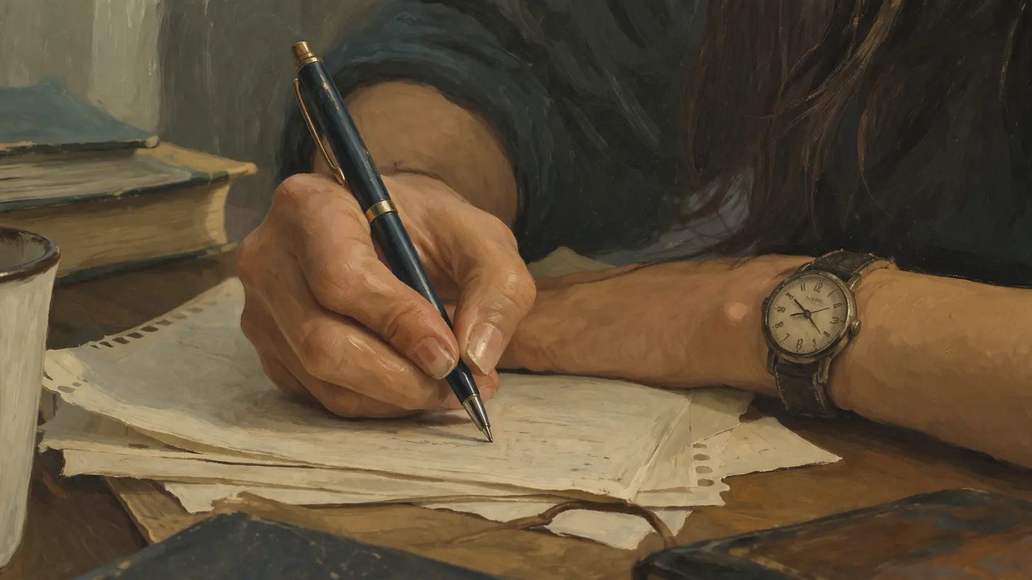 A Mexican American young woman’s hand writing with a pen on a stack of handwritten pages at a desk. A wristwatch is visible on the other arm, with books and a mug softly blurred in the background. Affirmative Action. California University. San Diego, CA.