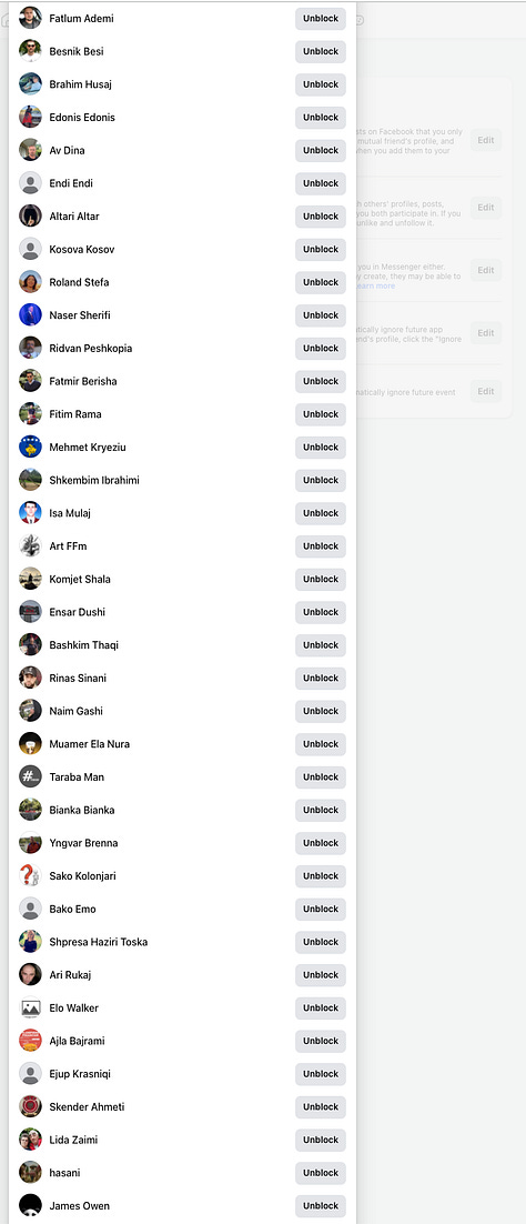 9 out of 17 Screenshots of the Facebook Block List