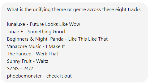 What is the unifying theme or genre across these eight tracks:  lunaluxe - Future Looks Like Wow Janae E - Something Good Beginners & Night  Panda - Like This Like That Vanacore Music - I Make It The Fancee - Werk That Sunny Fruit - Waltz SZNS - 24/7 phoebemonster - check it out What is the unifying theme or genre across these eight tracks:  lunaluxe - Future Looks Like Wow Janae E - Something Good Beginners & Night  Panda - Like This Like That Vanacore Music - I Make It The Fancee - Werk That Sunny Fruit - Waltz SZNS - 24/7 phoebemonster - check it out