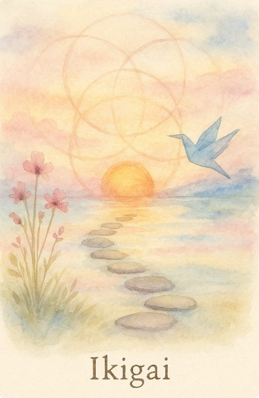 a computer generated watercolour image of Ikigai as a principle