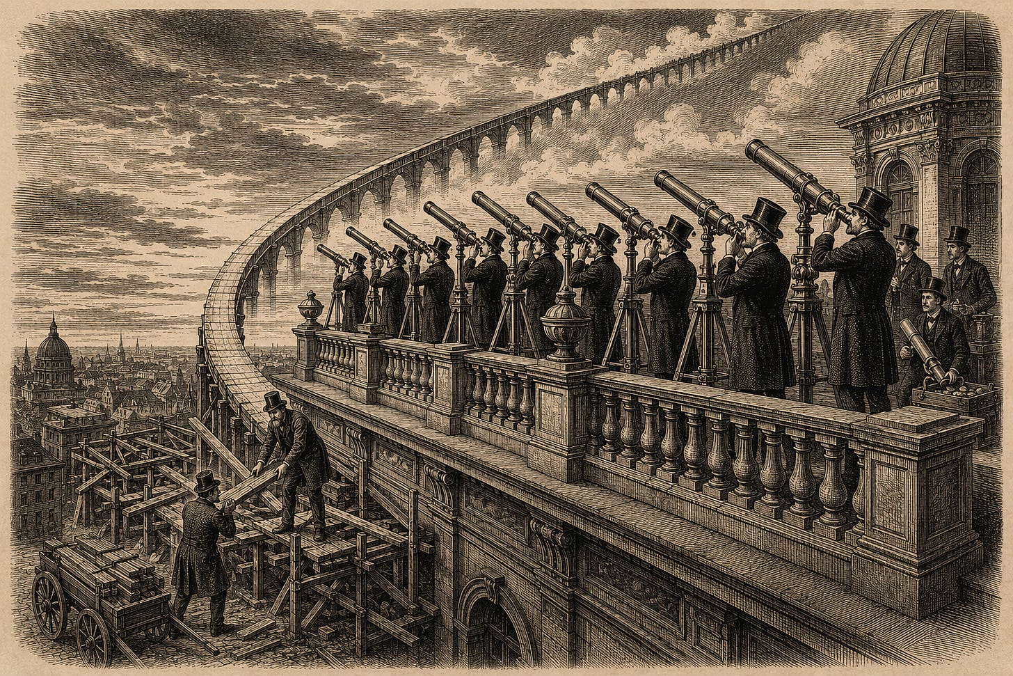Wood-engraving editorial illustration in the Thomas Nast Harper's Weekly style for Attention Capital's essay The Rented Boom. Financiers on an observatory terrace aim brass telescopes at a rising stone curve in the sky while, below them, workmen in landlord livery quietly disassemble the rented scaffolding holding the curve up. The image carries the essay's behavioral finance argument: capital underwrites the visible growth curve while nobody underwrites the demand beneath it, and momentum replaces diligence. Keywords: capital cycle, behavioral finance, momentum underwriting, micro-drama funding, venture diligence, platform dependency. Wood-engraving editorial illustration in the Thomas Nast Harper's Weekly style for Attention Capital's essay The Rented Boom. Financiers on an observatory terrace aim brass telescopes at a rising stone curve in the sky while, below them, workmen in landlord livery quietly disassemble the rented scaffolding holding the curve up. The image carries the essay's behavioral finance argument: capital underwrites the visible growth curve while nobody underwrites the demand beneath it, and momentum replaces diligence. Keywords: capital cycle, behavioral finance, momentum underwriting, micro-drama funding, venture diligence, platform dependency.