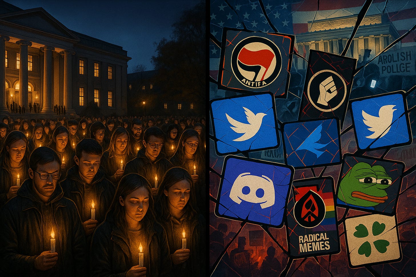 A vigil crowd contrasted with digital chaos featuring Antifa and LGBTQ symbols and key social media icons.