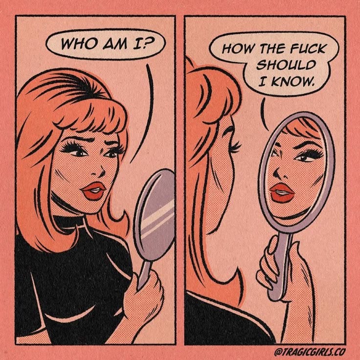 This may contain: a comic strip with a woman looking at her reflection in the mirror