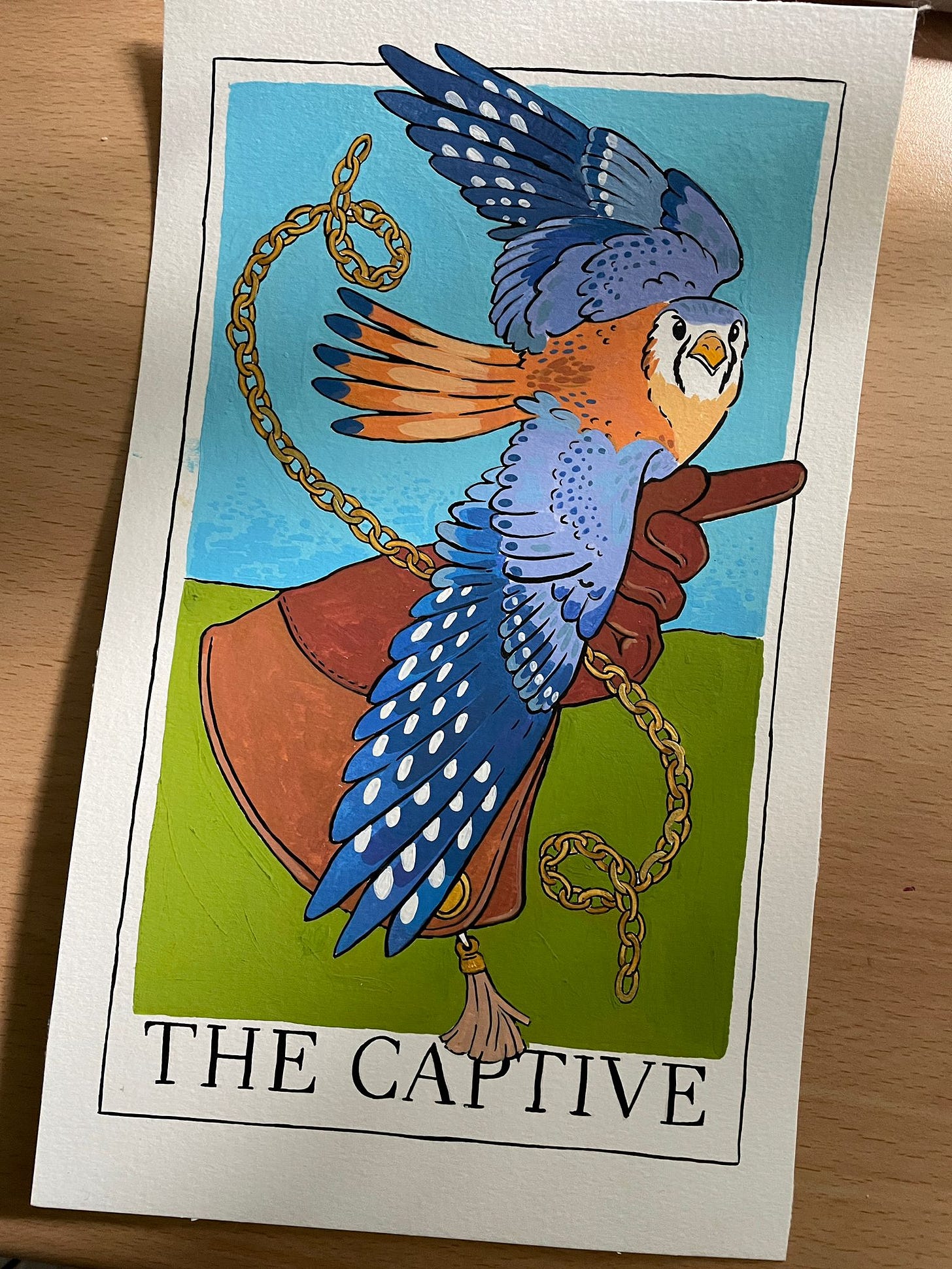 A brightly coloured picture called "The Captive" shows a bird of prey being released from a bond and gauntlet A brightly coloured picture called "The Captive" shows a bird of prey being released from a bond and gauntlet
