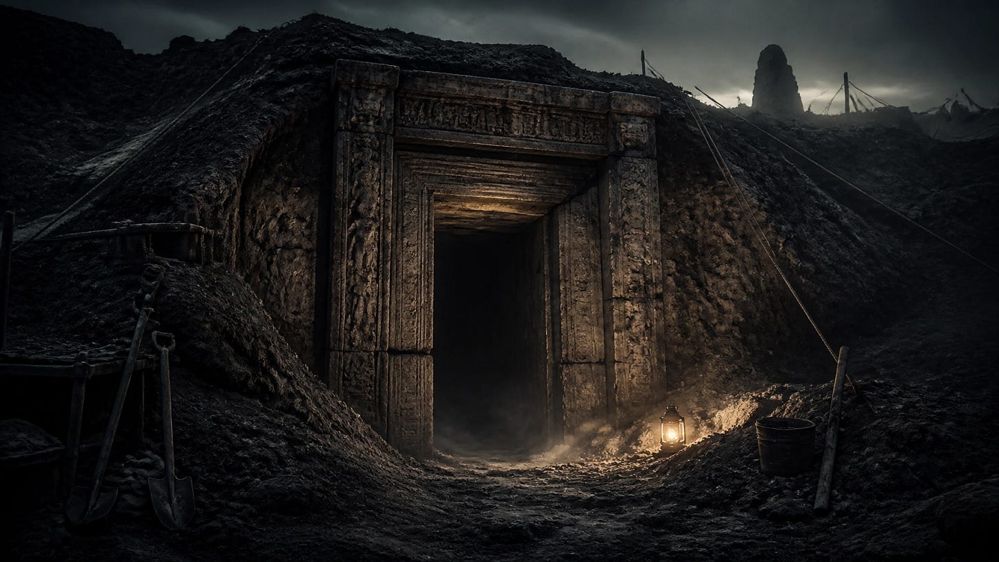 Moody archaeological dig site with a massive stone doorway partially unearthed Moody archaeological dig site with a massive stone doorway partially unearthed