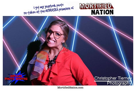 Several images with a laser light background. People wearing 80s hats, scarves, holding Sassy Magazine, or a piccolo, very retro and silly