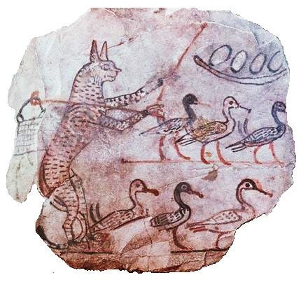 A cat with a shepherd's crook and a bag over his shoulder guards six geese and a nest of eggs.
