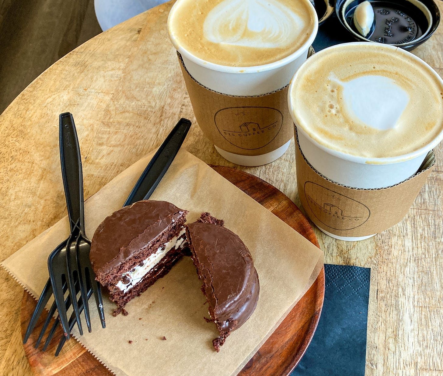 Lattes and cake at 525 Coffee Co. Lattes and cake at 525 Coffee Co.