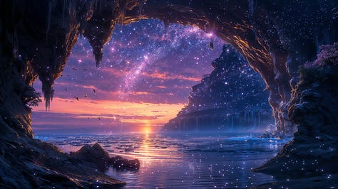Luminous canyon, vivid sunset, river of stars, surreal, cascading waterfalls, bioluminescent flora, hypnotic depth, ethereal, floating rocks, cosmic backdrop.