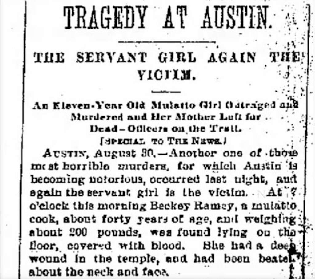 Newspaper clip of Mary Ramey death from the Galveston Daily News, 1885. Newspaper clip of Mary Ramey death from the Galveston Daily News, 1885.