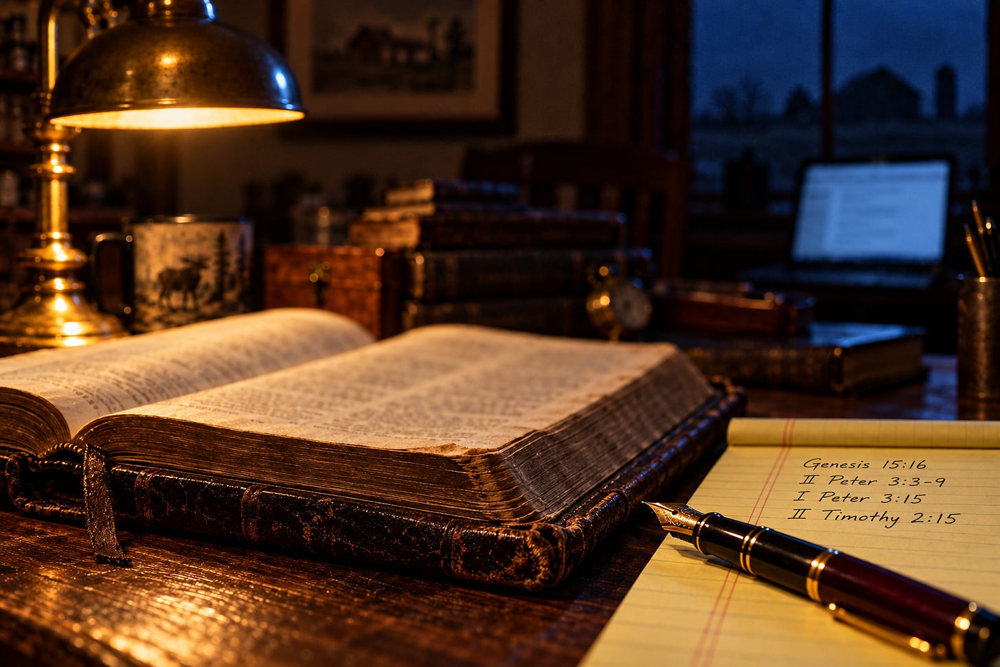 Open leather-bound King James Bible and handwritten cross-references on a yellow legal pad at night