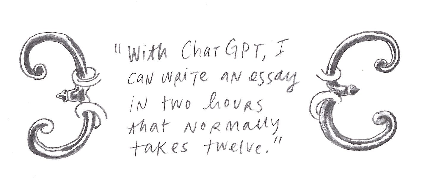 "With ChatGPT, I can write an essay in two hours that normally takes 12.”
