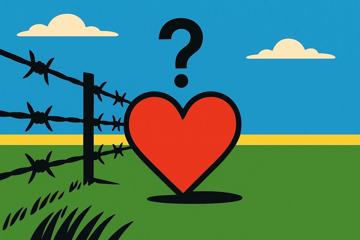 A dynamic, stylized vector scene: a heart with a question mark in a field, barbed wire on the left, open space on the right.