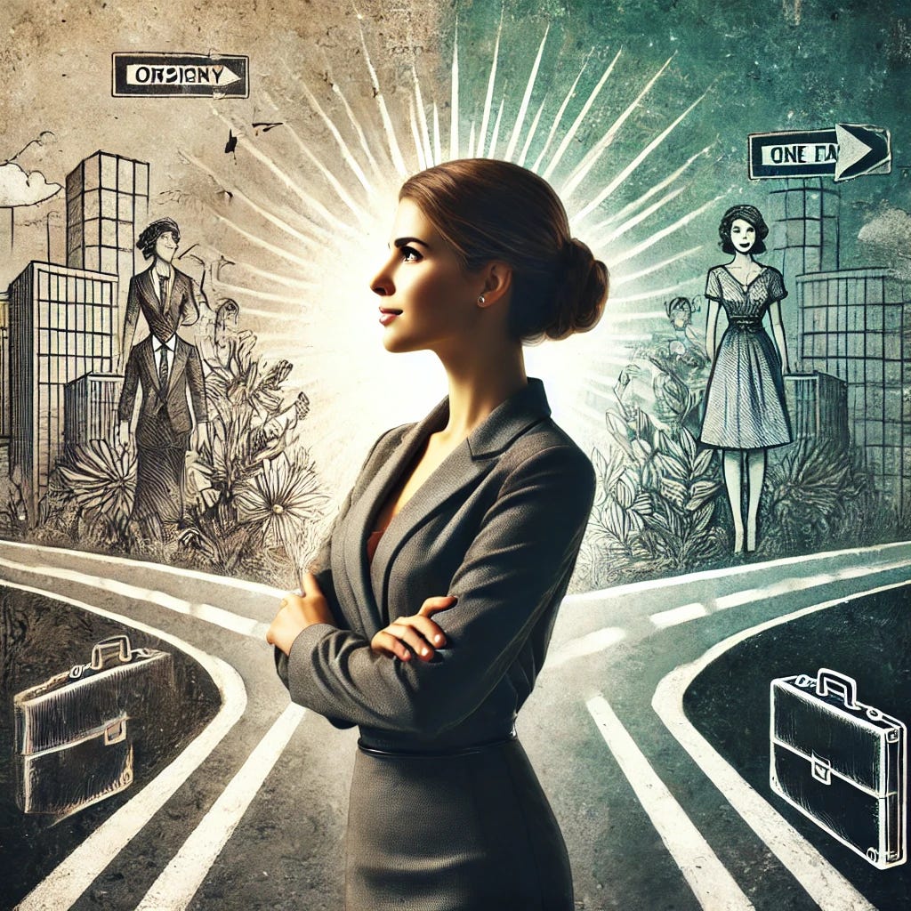 A woman standing confidently at a crossroads, looking towards a bright, open path that symbolizes passion and freedom. She has a modest yet stylish appearance, dressed in simple, professional clothing that reflects confidence without being overly glamorous. Behind her, there are symbols of a corporate life, like briefcases, office buildings, and formal attire, in a shadowy, faded style. The path ahead is vibrant and full of life, with symbols like greenery, sunshine, and personal growth. The overall tone of the image is one of empowerment, courage, and new beginnings.