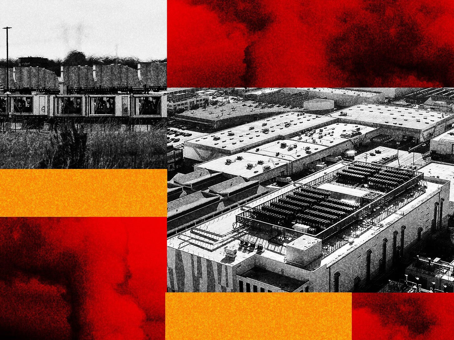 Photo collage showing smoke and data centers.