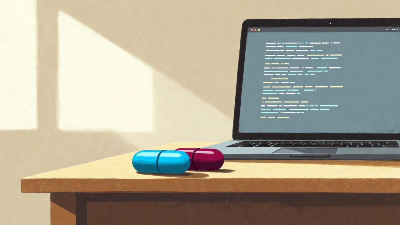 A minimalist illustration of blue and red pills on a wooden desk with a laptop background.