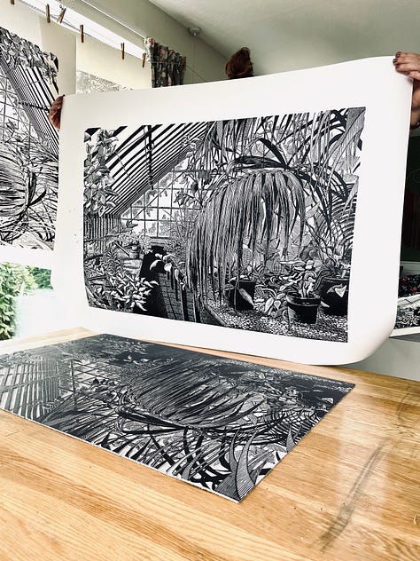 Process of creation 'Green House' Linocut Print