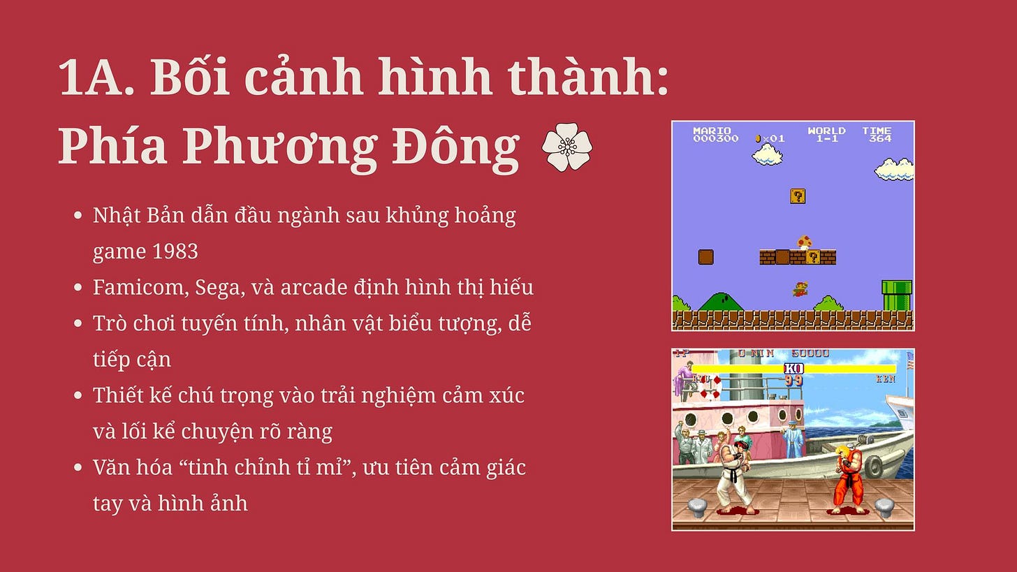 May be an image of 2 people and text that says '1A. Bối cảnh hình thành: Phía Phương Đông త్ీడ MAR 000300 XOI WORLD TIME 364 ? .زیای_یخت ? Nhật Bản dẫn đầu ngành sau khủng hoảng game 1983 Famicom, Sega, và arcade định hình thị hiếu Trò chơi tuyến tính, nhân vật biểu tượng, dễ tiếp cận Thiết kế chú trọng vào trải nghiệm cảm xúc và lối kể chuyện rõ ràng Văn hóa "tinh chỉnh tỉ mỉ", ưu tiên cảm giác 50000 KO tay và hình ảnh EEN' May be an image of 2 people and text that says '1A. Bối cảnh hình thành: Phía Phương Đông త్ీడ MAR 000300 XOI WORLD TIME 364 ? .زیای_یخت ? Nhật Bản dẫn đầu ngành sau khủng hoảng game 1983 Famicom, Sega, và arcade định hình thị hiếu Trò chơi tuyến tính, nhân vật biểu tượng, dễ tiếp cận Thiết kế chú trọng vào trải nghiệm cảm xúc và lối kể chuyện rõ ràng Văn hóa "tinh chỉnh tỉ mỉ", ưu tiên cảm giác 50000 KO tay và hình ảnh EEN'