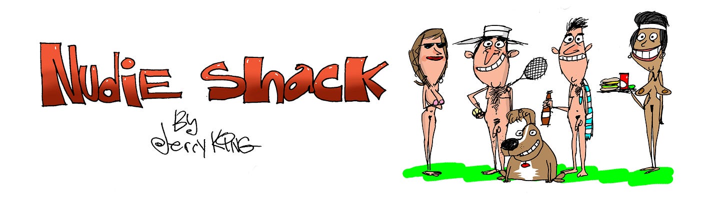 Banner card for "Nudie Shack" by Jerry King, depicts four nudist resort members holding tennis rackets or towels, one with a dog, etc. 