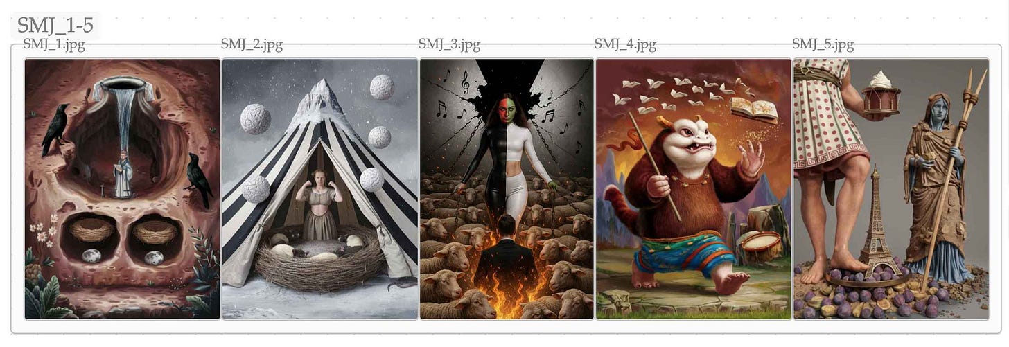 Five scenes side by side. Obsidian canvas, Ideogram 3.0 for the images.