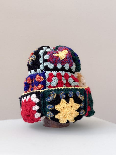 Red mixed granny crochet patchwork beanie