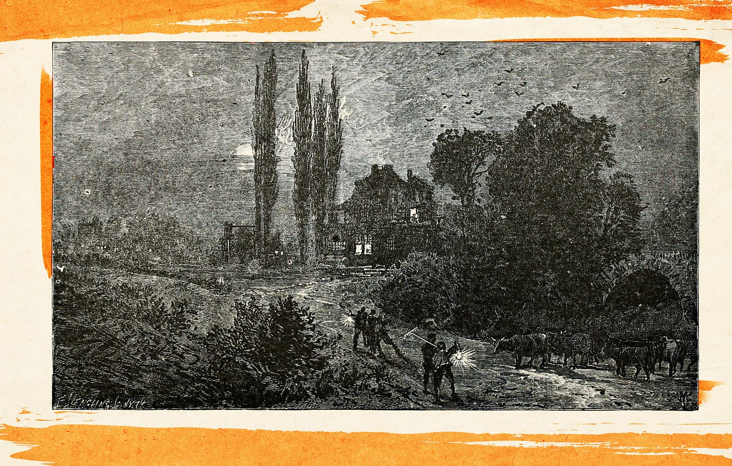 Illustration of farmers navigating by lantern-light Illustration of farmers navigating by lantern-light