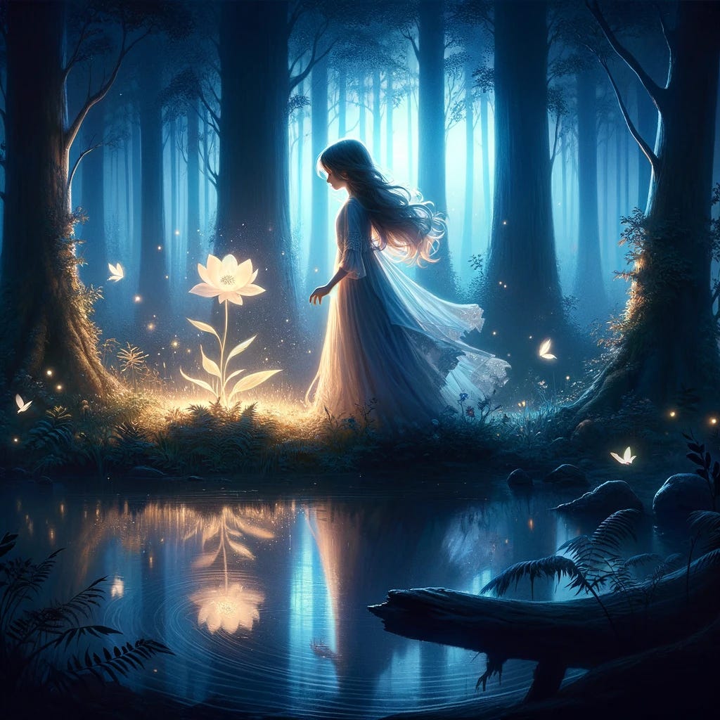 In a mystical forest setting at twilight, a young girl named Elara, with flowing hair and an ethereal dress, is depicted in a moment of profound emotional discovery. Elara is standing beside a tranquil forest pond, illuminated by the soft, otherworldly glow of fireflies. Her silhouette reflects her wonder and awe as she gazes at a rare moonflower, blooming only under the light of the full moon. The moonflower, small and delicate, emits a subtle, enchanting light, symbolizing hope and dreams. Around her, the forest is alive with gentle creatures of the night, their eyes glowing softly in the dim light, adding a sense of magic and serenity. The scene captures the tranquility of nature, the beauty of the moment, and the deep emotional resonance of Elara's connection with the mystical world. In the background, the silhouettes of towering trees and the shimmering surface of the pond create a sense of depth and mystery. Elara's long shadow, cast by the moonlight, hints at the complexities of her character and her journey ahead, embodying a blend of innocence, wonder, and a subtle foreshadowing of her destiny.