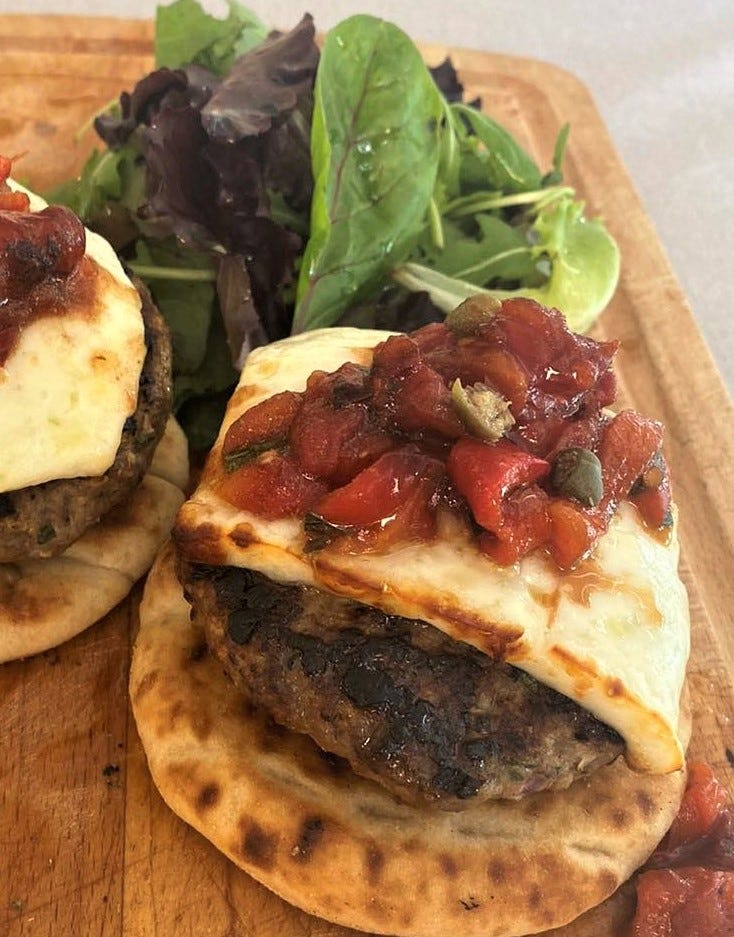 Bifteki roast red peppe-tomato mastelo cheese