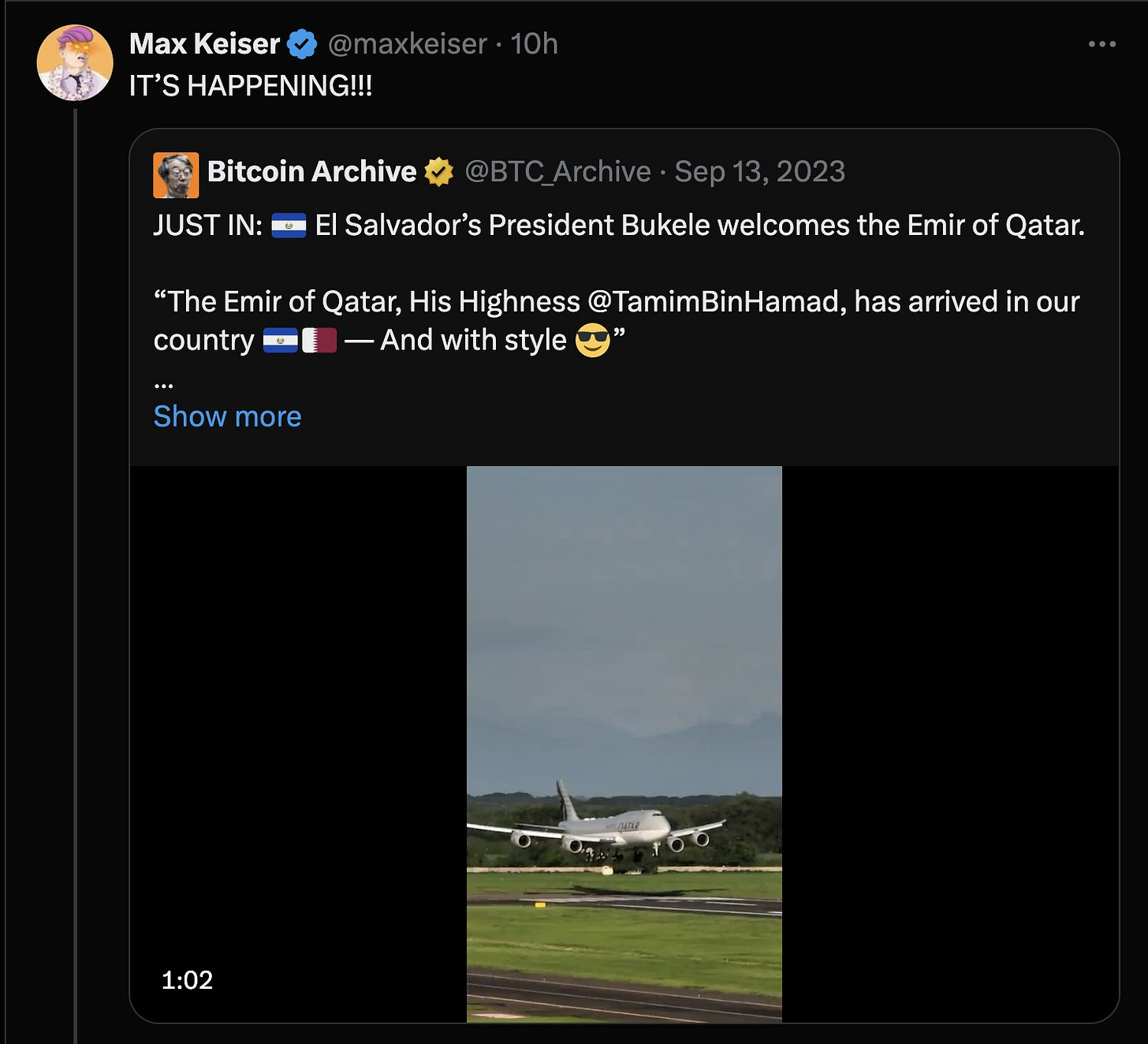 Bitcoin Archive on X: "1. The Emir of Qatar visit El Salvador in September  2. Qatar Private Jet in Madeira during #Bitcoin conference. 3. Next day  #Bitcoin breaks $65,000 Probably nothing... 👀