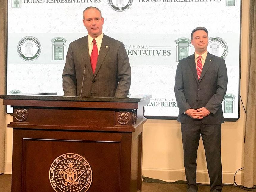 Charles McCall presents State Representative for Oklahoma House District 29 Kyle Hilbert as the new speaker designate in Oklahoma City, on Monday, March 4, 2024.