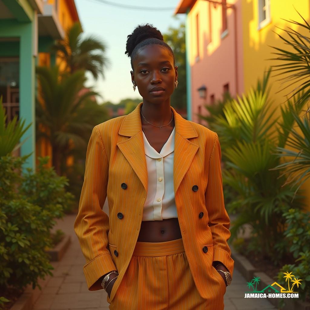 Regal black models dressed in stylish, modest real estate agent attire, posing in a vibrant Jamaican Caribbean setting, exuding confidence and poise.