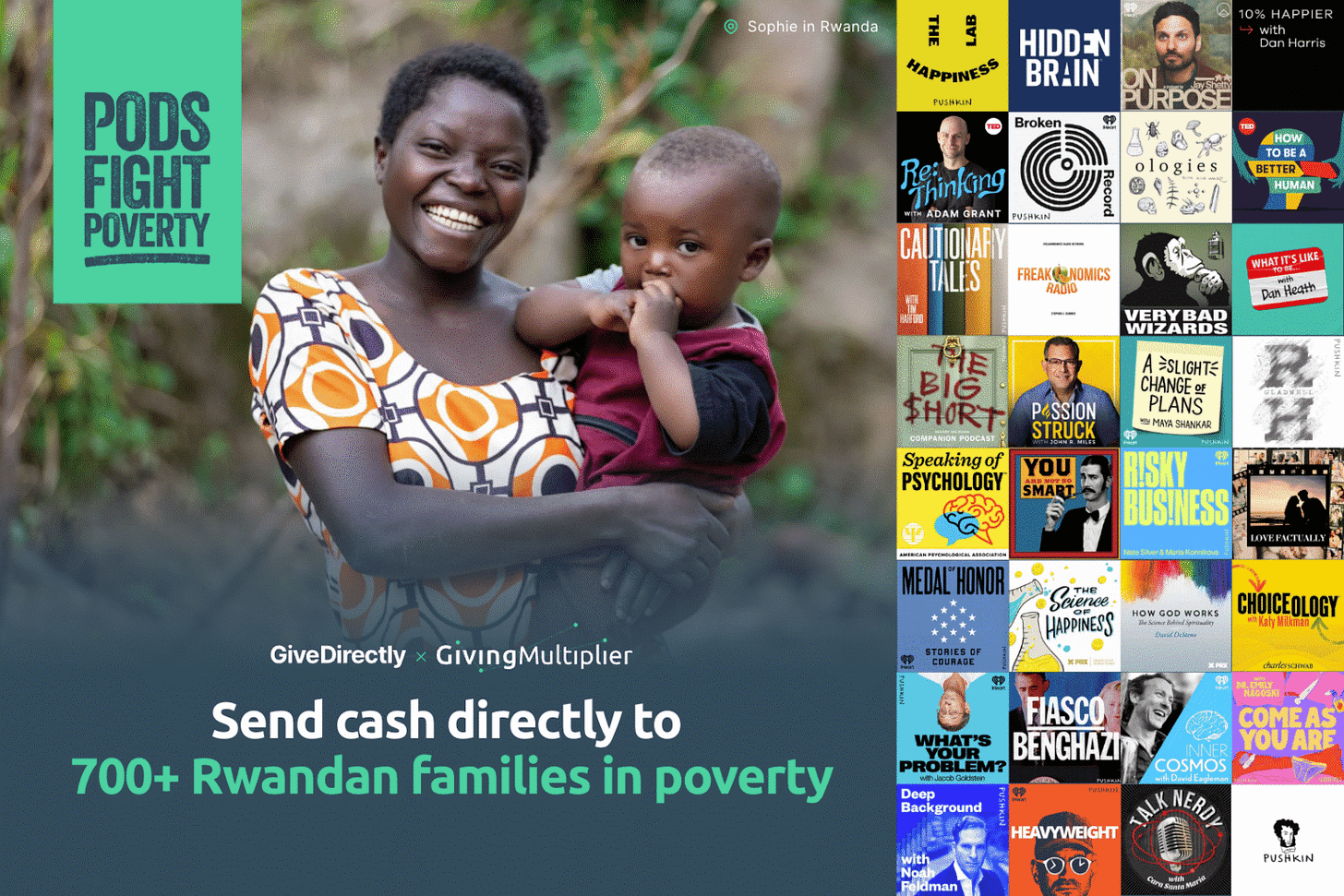 Image of Rwandan woman holding her son with a list of different podcasts on the right for pods fight poverty including Passion Struck, On Purpose, Re:Thinking and others Image of Rwandan woman holding her son with a list of different podcasts on the right for pods fight poverty including Passion Struck, On Purpose, Re:Thinking and others