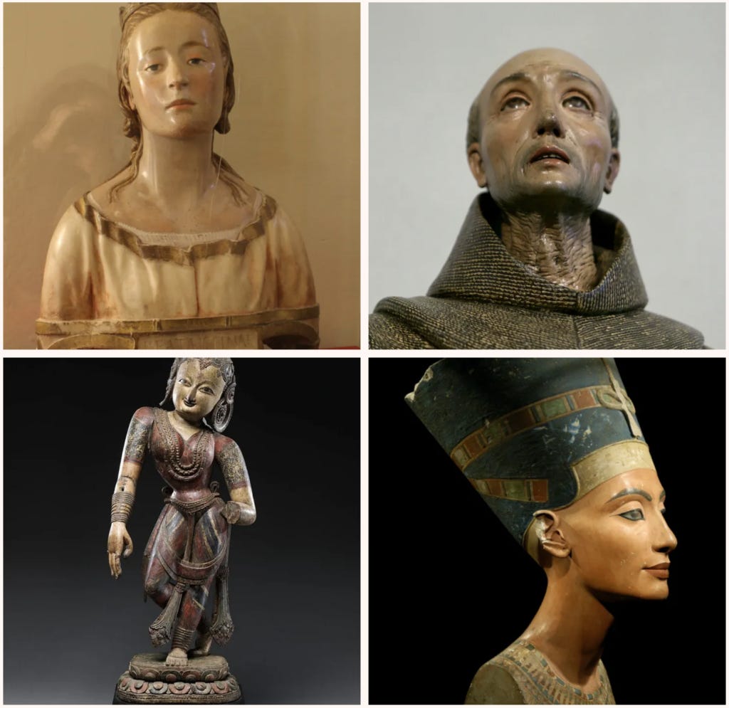 Clockwise from top left: Virgen de Belen by Pietro Torrigiano; Cabeza de San Pedro de Alcántara; a 14th century BC bust of Nefertiti; and a 16th-century AD statue of the Nepalese Goddess of Dance. Clockwise from top left: Virgen de Belen by Pietro Torrigiano; Cabeza de San Pedro de Alcántara; a 14th century BC bust of Nefertiti; and a 16th-century AD statue of the Nepalese Goddess of Dance.