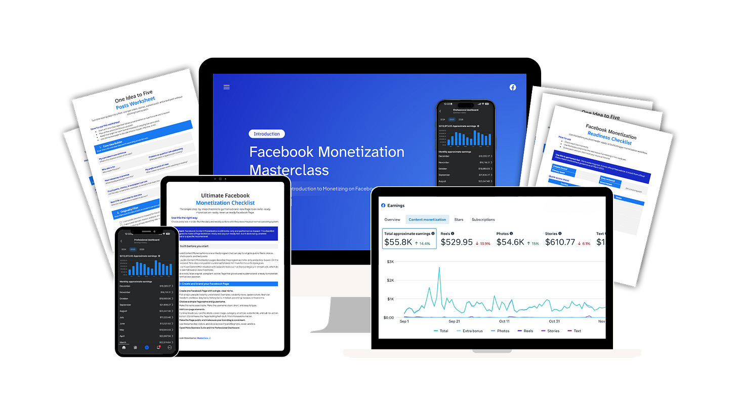 Facebook Monetization Masterclass lessons, planning worksheets, and earnings dashboards displayed across desktop and mobile screens. Facebook Monetization Masterclass lessons, planning worksheets, and earnings dashboards displayed across desktop and mobile screens.