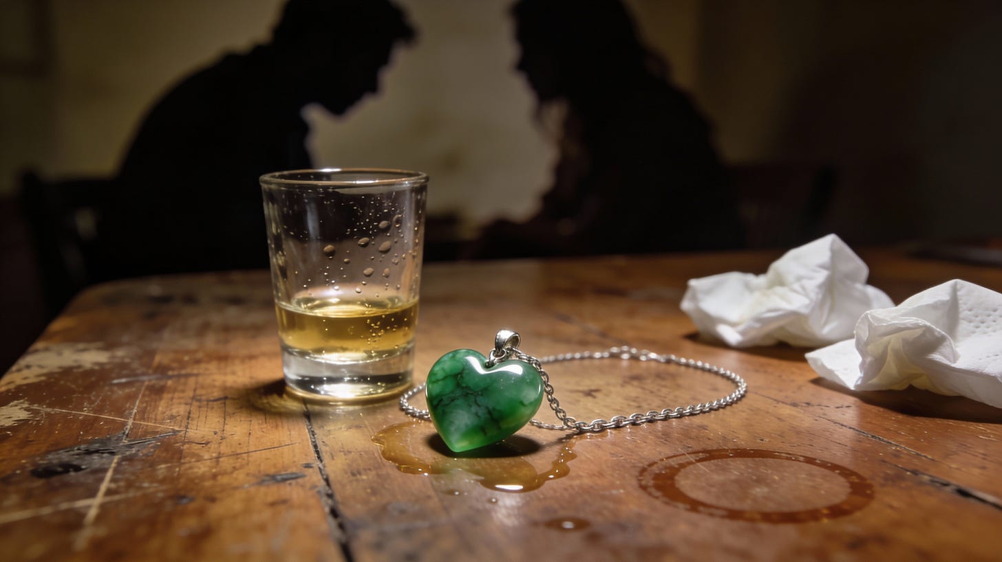 Moody close-up of a jade heart necklace on a worn table, hinting at an emotional truce between two people.