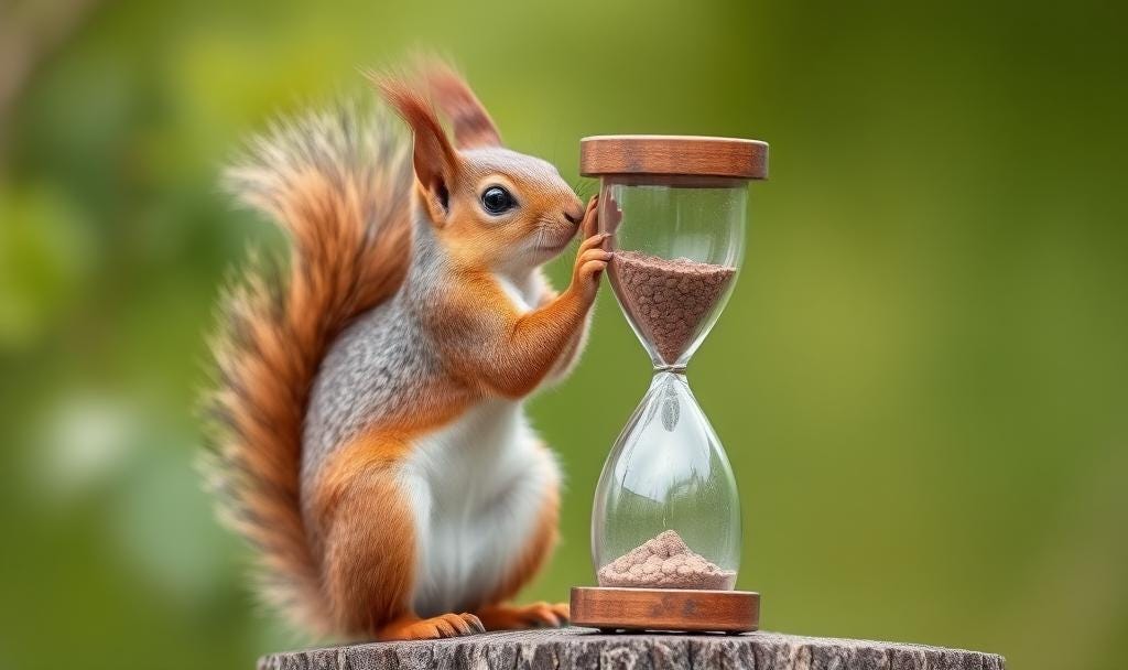 Red squirrel touching an hourglass that's its size.